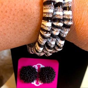 SASSY JONES ZIBRA Lg. BANGLES & Stud beaded Post Earring Set. Black.Silver.White